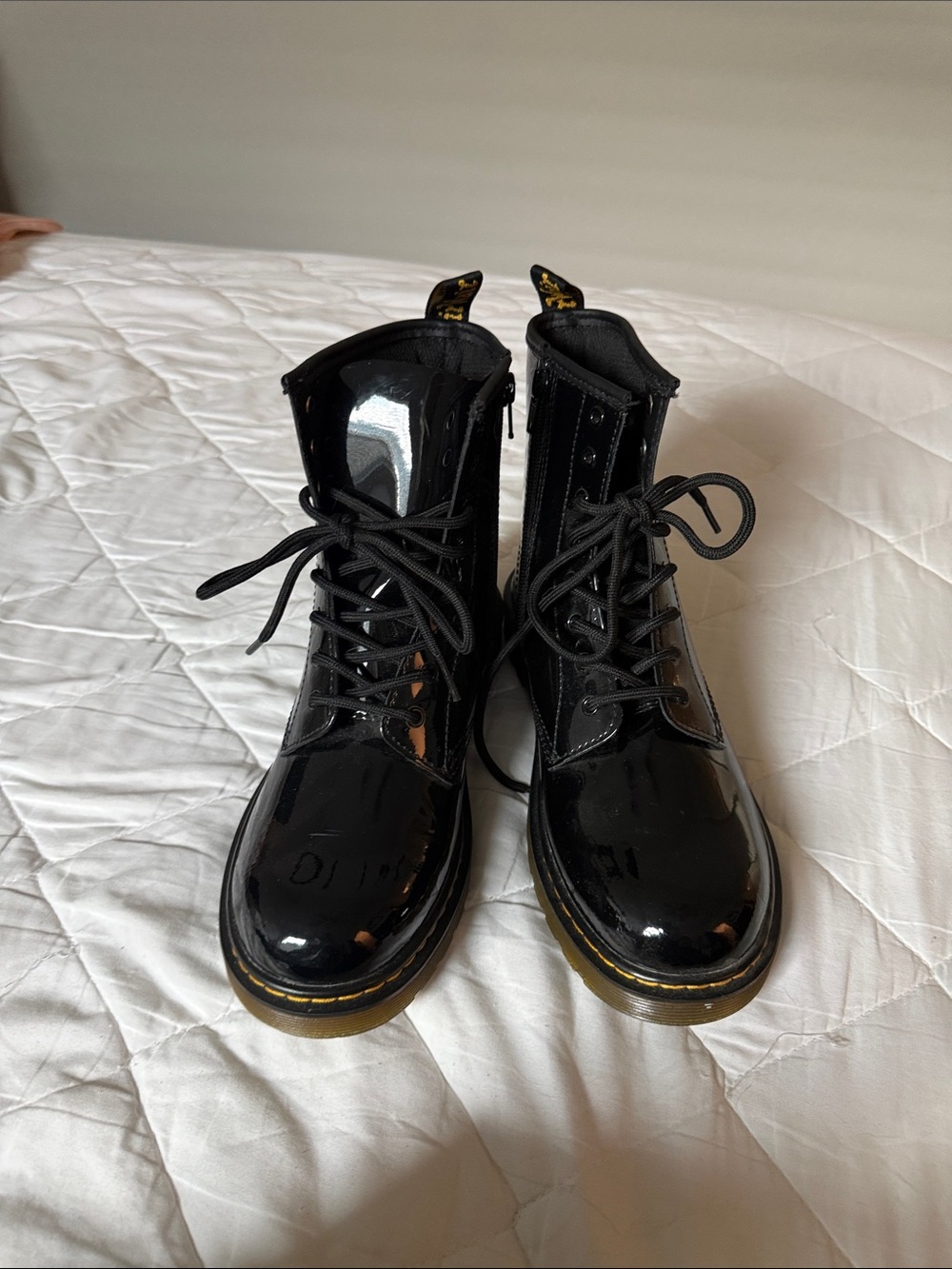 Dr. Martens Black Patent Lace-Up Ankle Boots with Yellow Stitching
